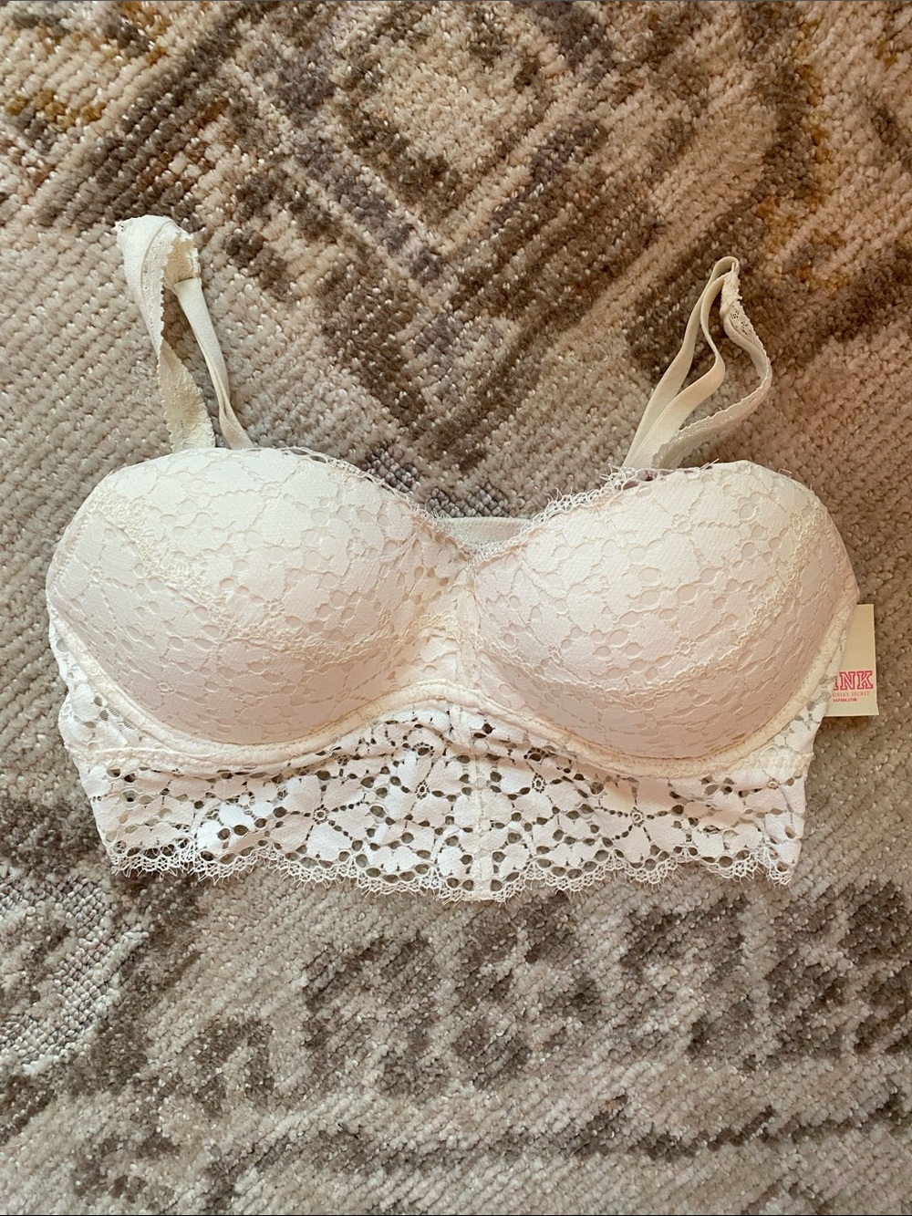 PINK Victoria's Secret Lace Longline Strapless Bra - Cream